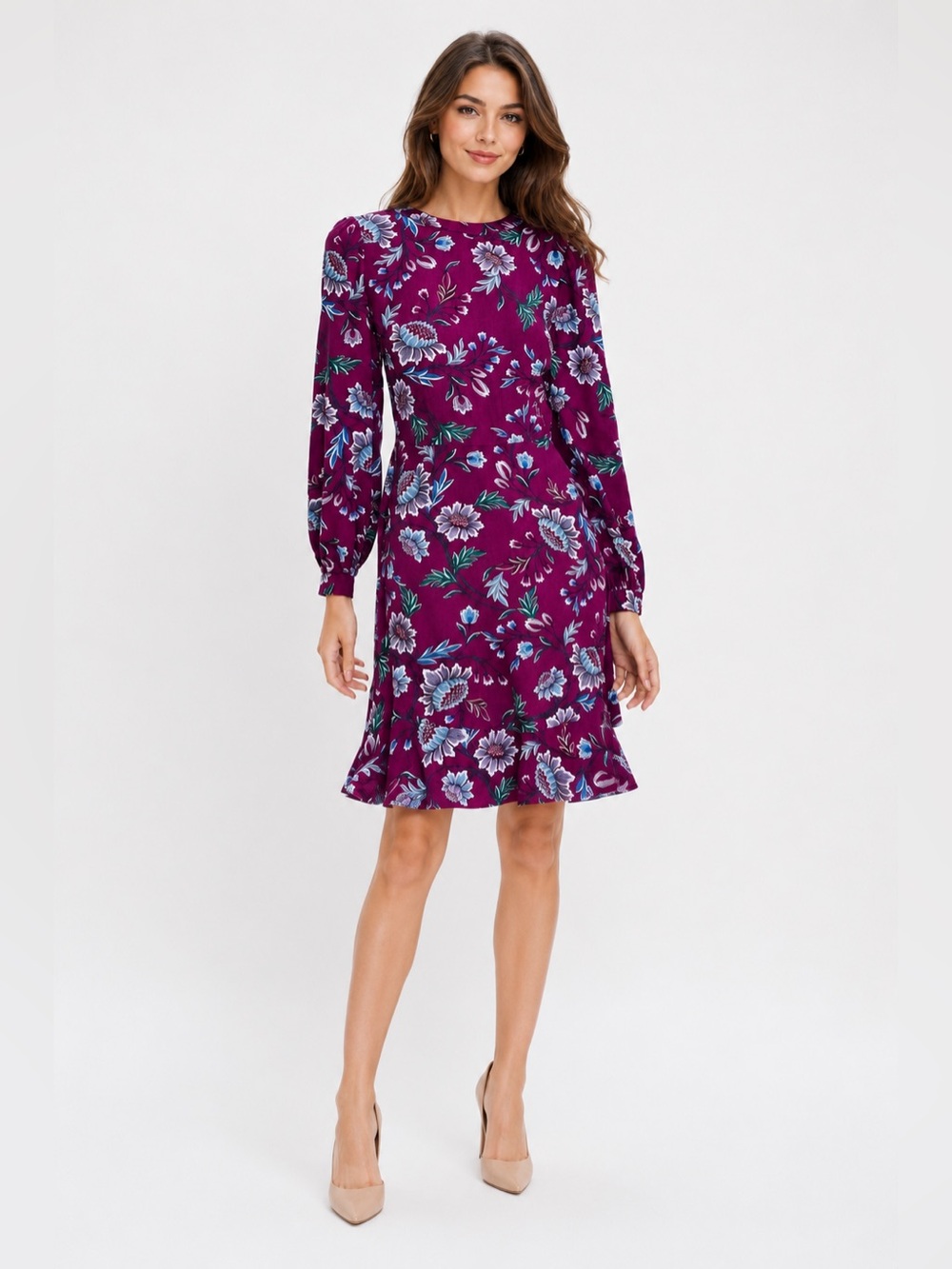 LOFT Purple Floral Long Sleeve Ruffle Hem Dress - size 0